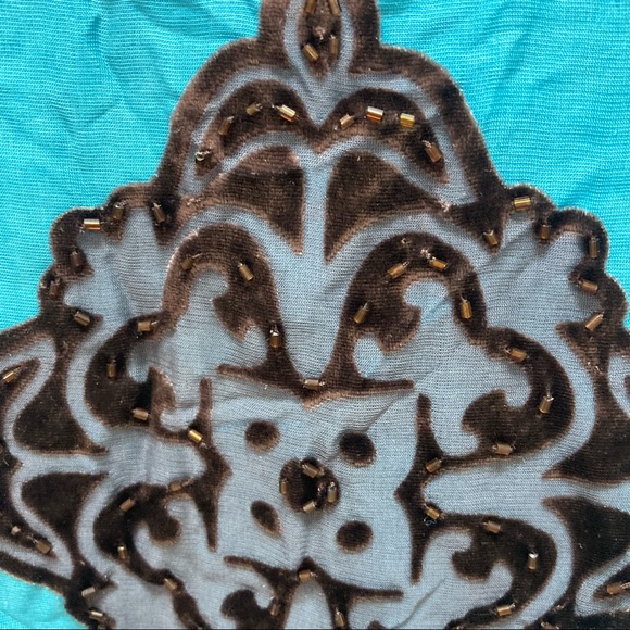 Hale Bob Turquoise Blue & Brown Velvet Beaded Silk Slip Dress - Picture 4 of 9